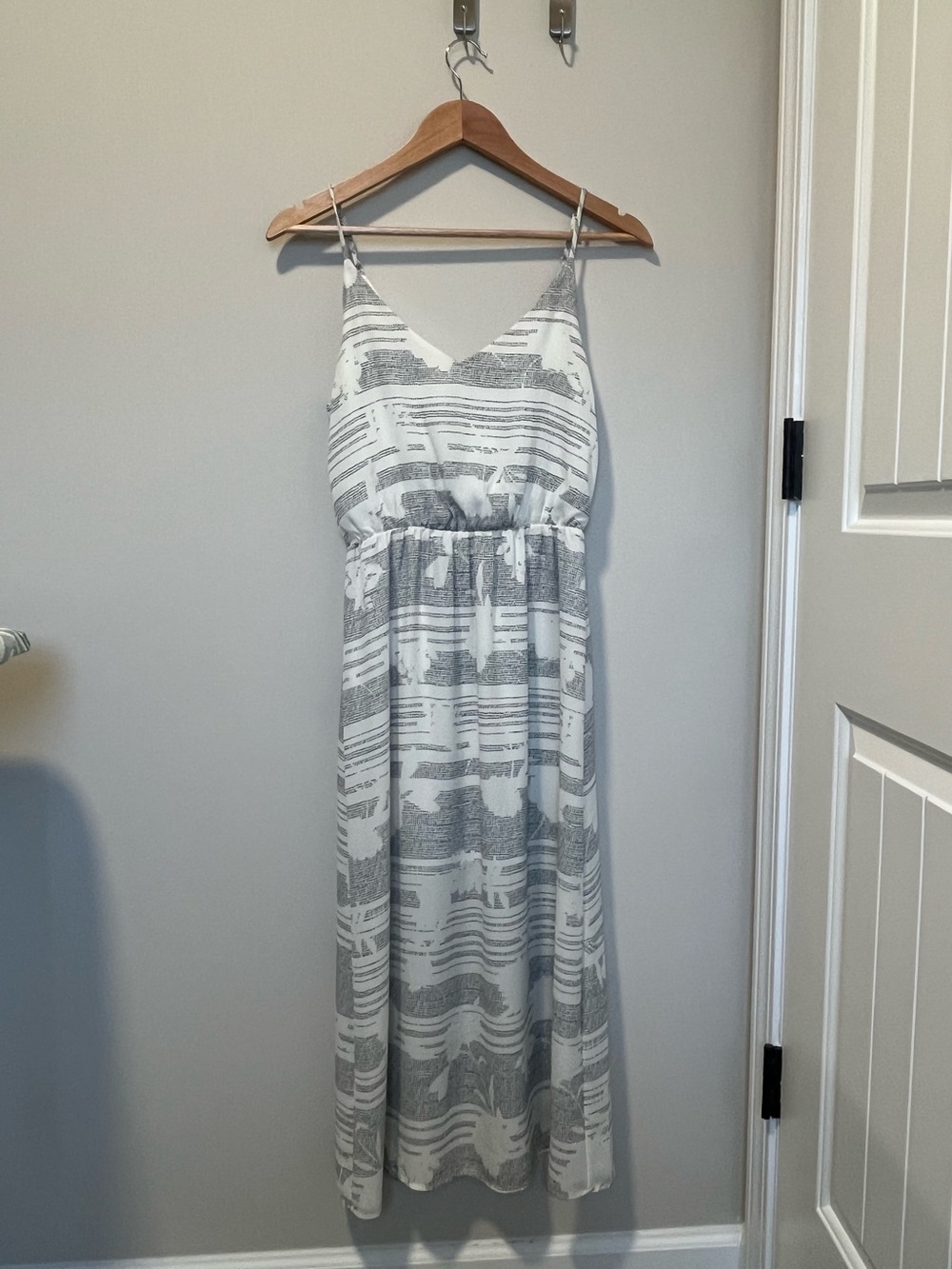 Sienna Sky Gray & White Striped Abstract Maxi Dress